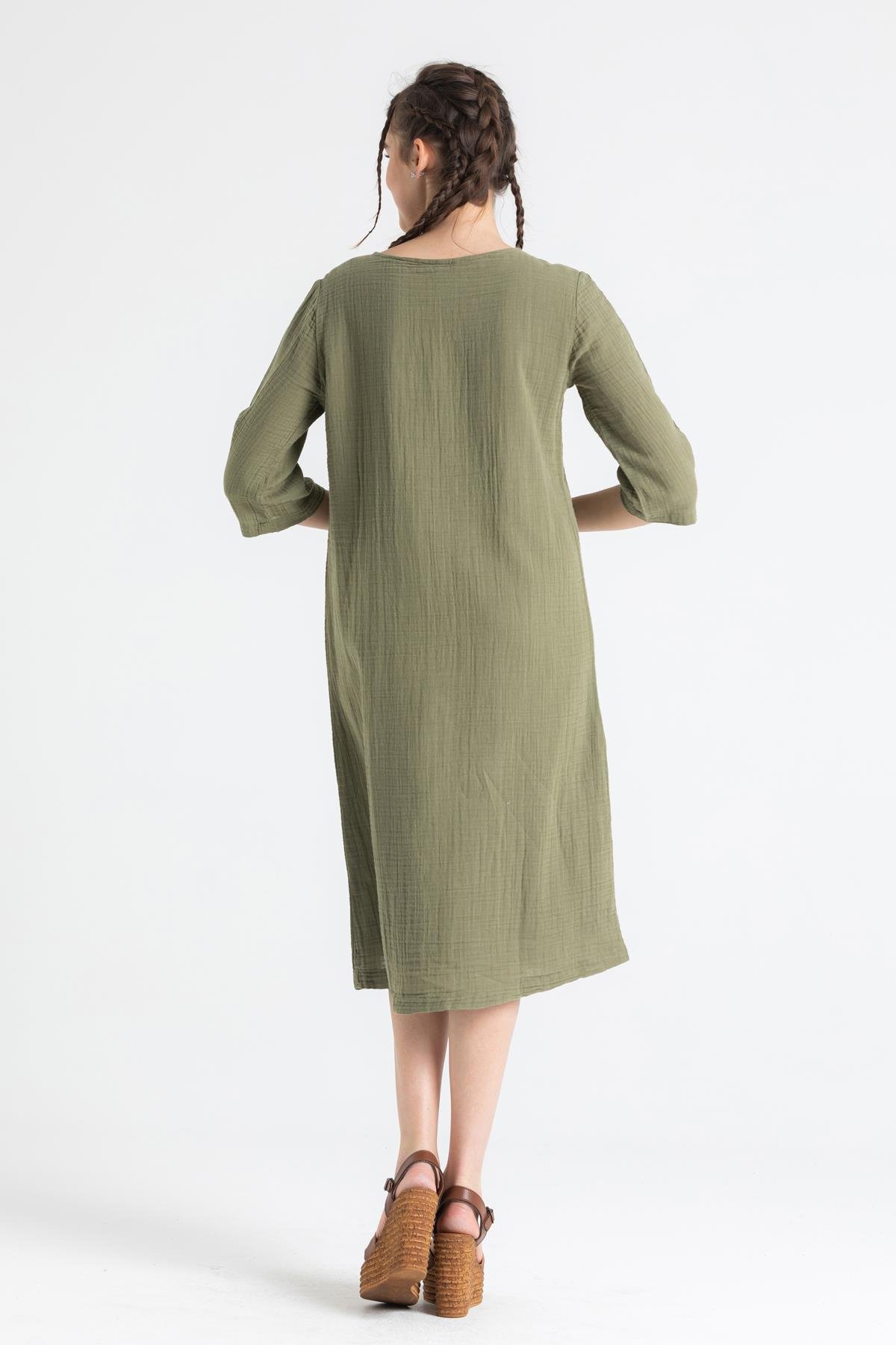 Toptan Truvakar Kol Müslin İzel Midi Boy Elbise Haki Hk