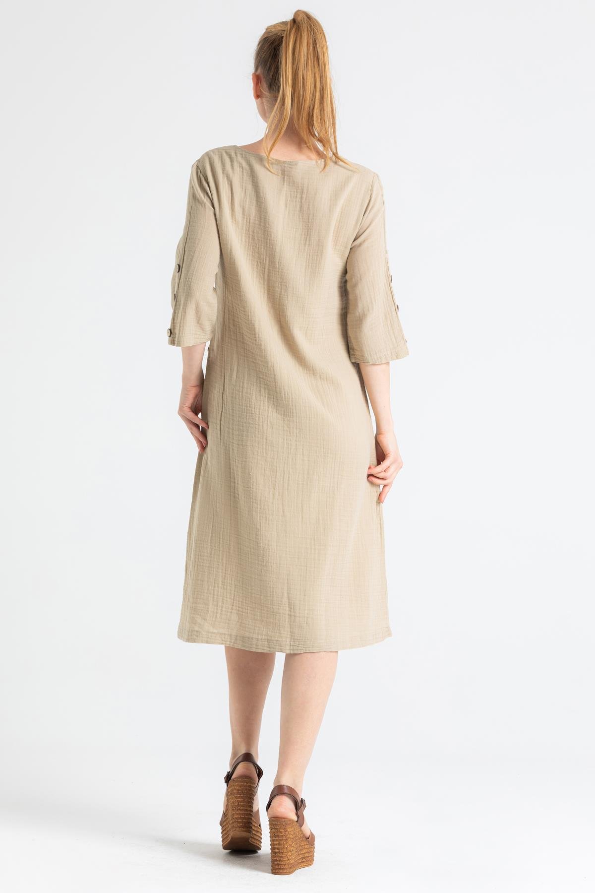 Toptan Truvakar Kol Müslin İzel Midi Boy Elbise Vizon Vzn