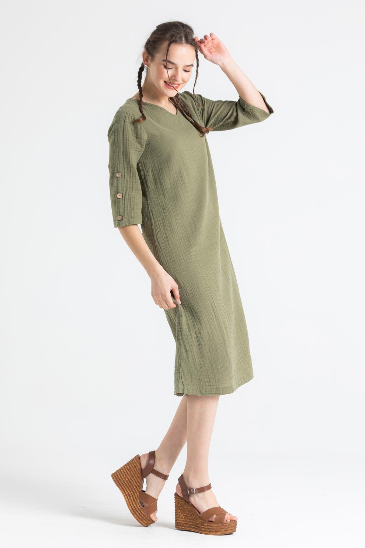 Toptan Truvakar Kol Müslin İzel Midi Boy Elbise Haki Hk