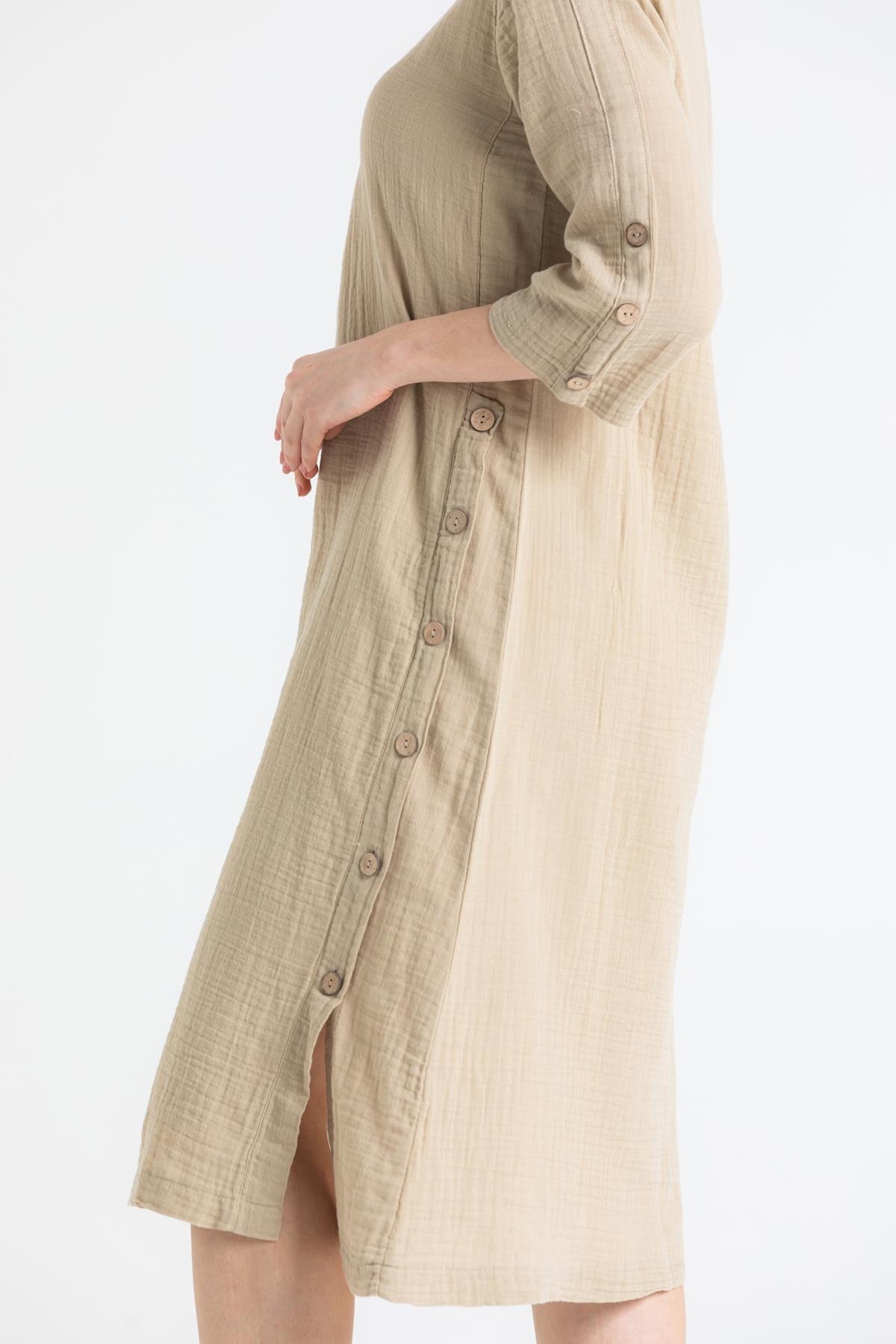 Toptan Truvakar Kol Müslin İzel Midi Boy Elbise Vizon Vzn