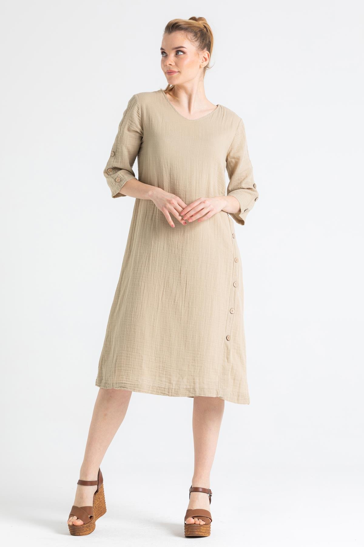 Toptan Truvakar Kol Müslin İzel Midi Boy Elbise Vizon Vzn