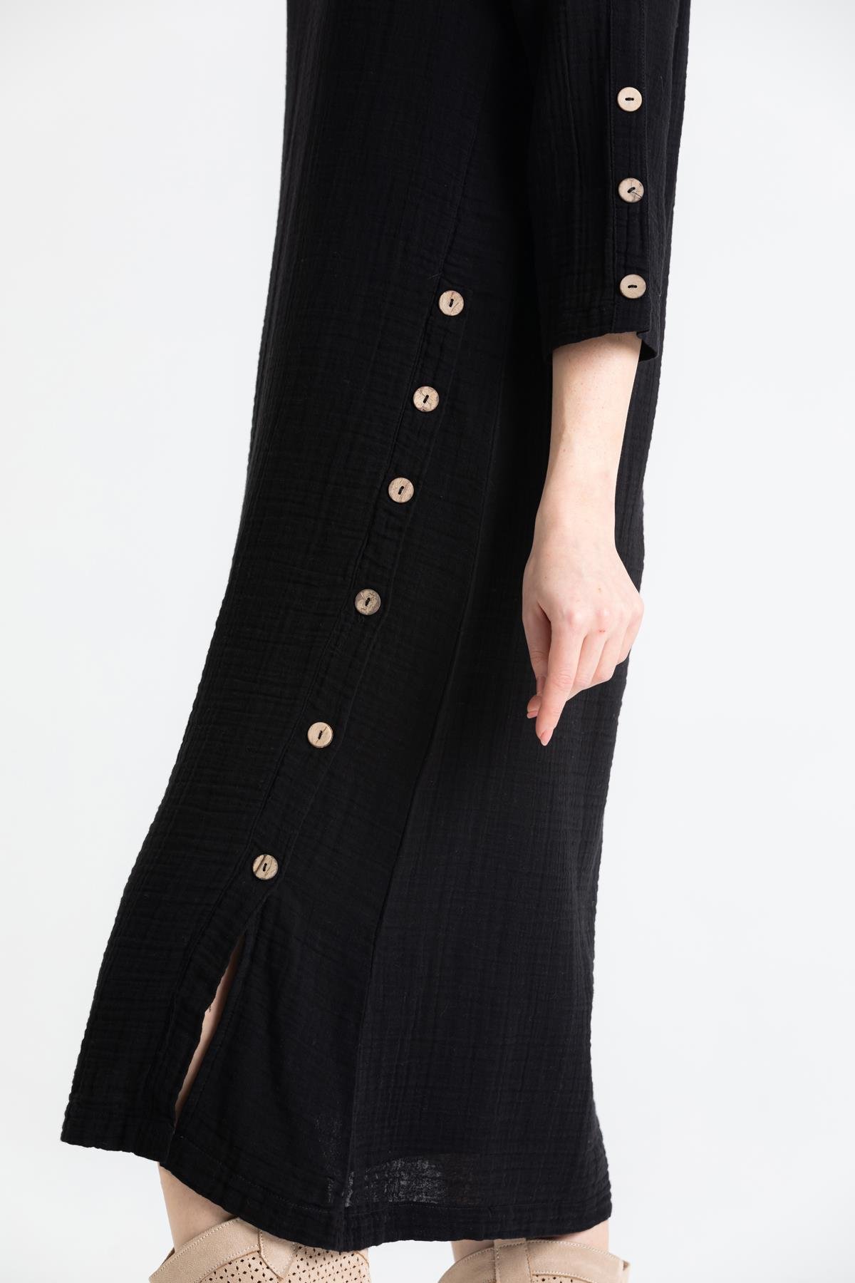 Toptan Truvakar Kol Müslin İzel Midi Boy Elbise Siyah Syh