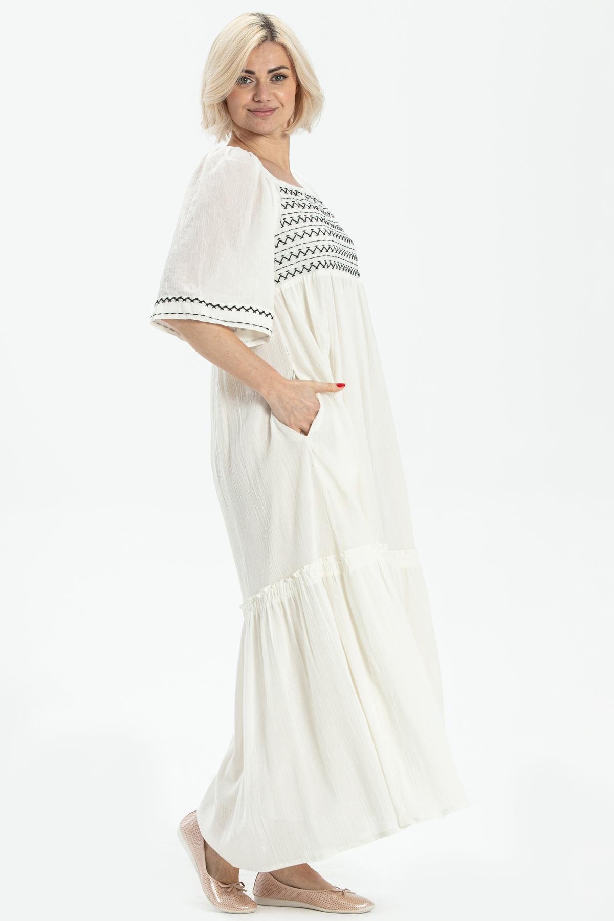 Toptan Truvakar Kol Şile Bezi Melodi Uzun Elbise Krem