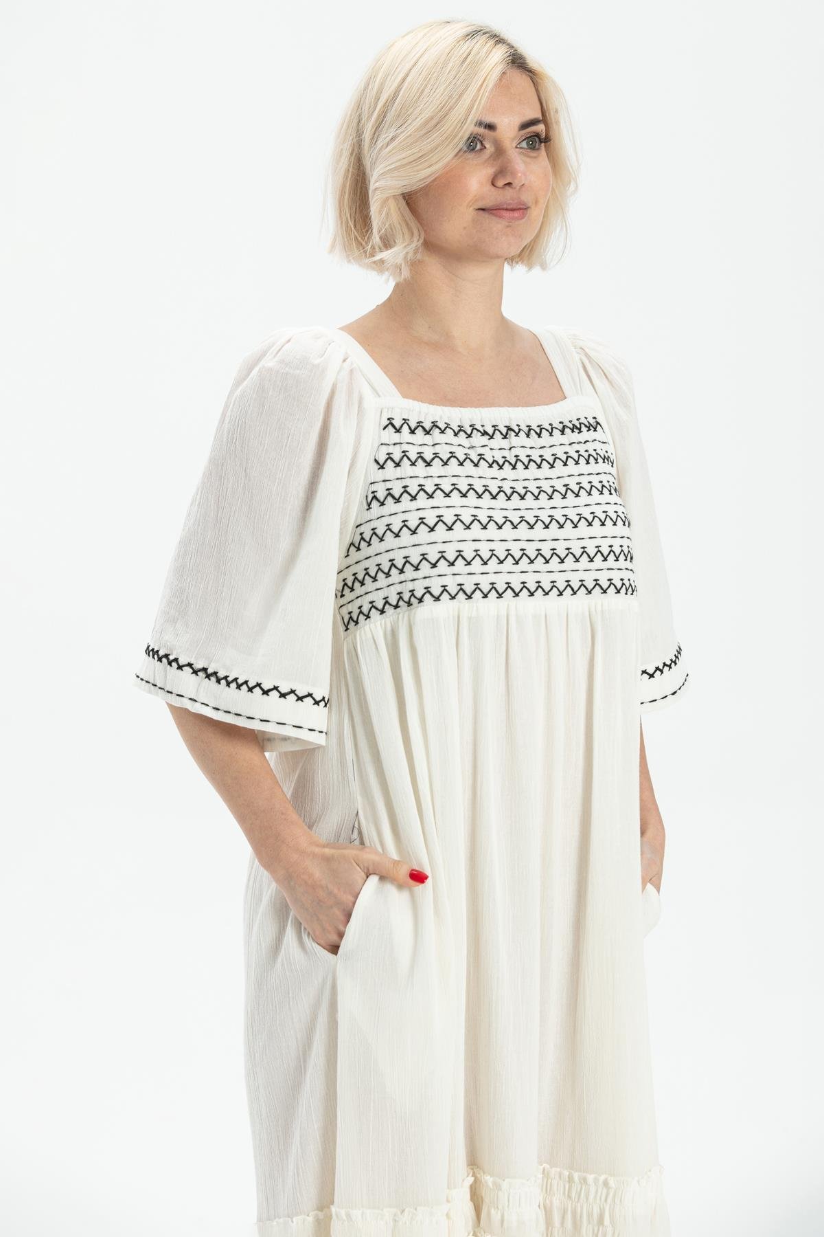 Toptan Truvakar Kol Şile Bezi Melodi Uzun Elbise Krem