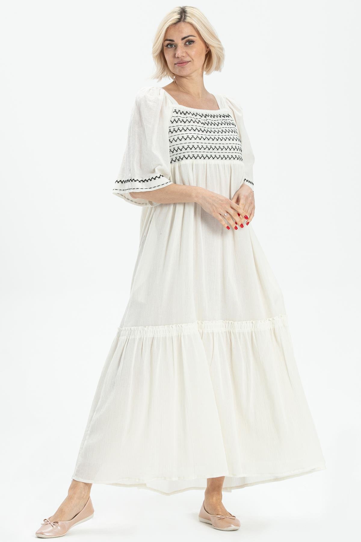 Toptan Truvakar Kol Şile Bezi Melodi Uzun Elbise Krem