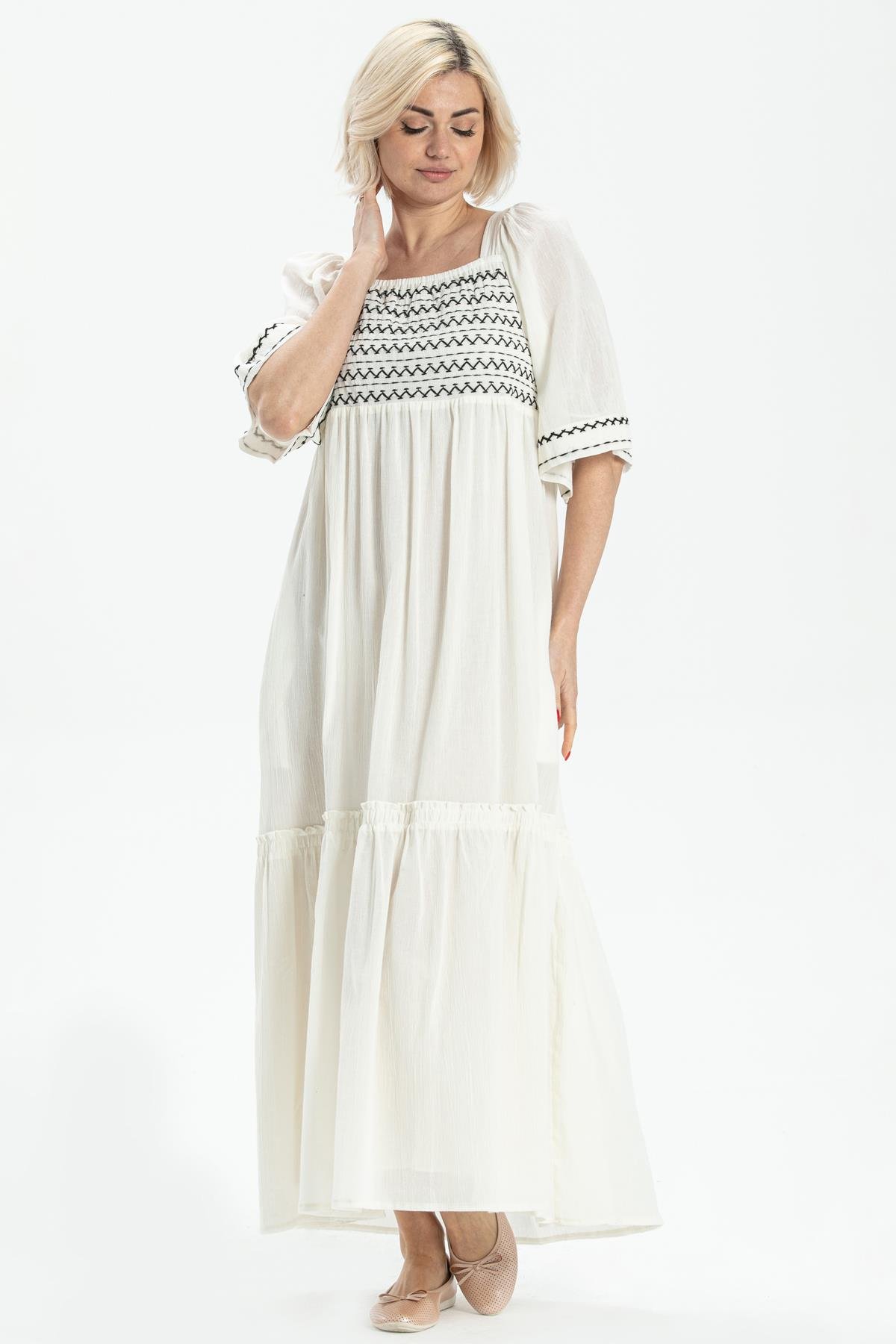 Toptan Truvakar Kol Şile Bezi Melodi Uzun Elbise Krem