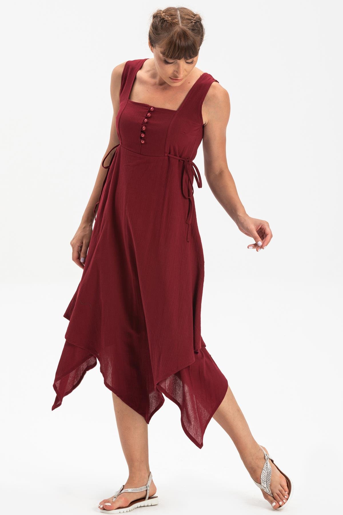 Toptan Üçgen Katlı Şile Bezi Elbise Bordo