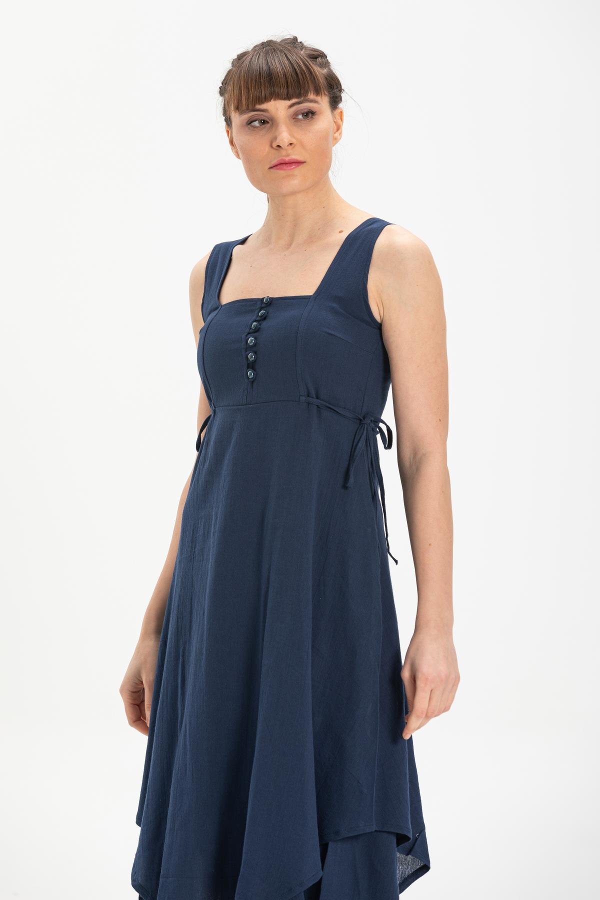 Toptan Üçgen Katlı Şile Bezi Elbise Lacivert