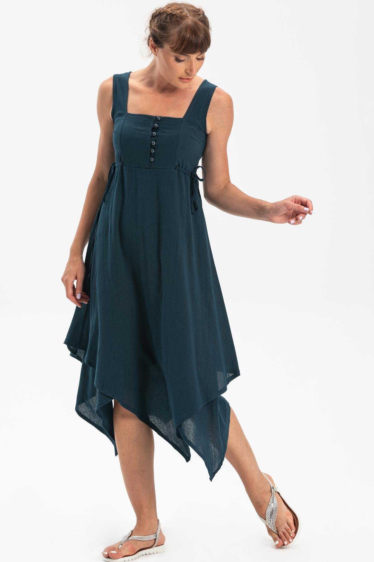 Toptan Üçgen Katlı Şile Bezi Elbise Petrol