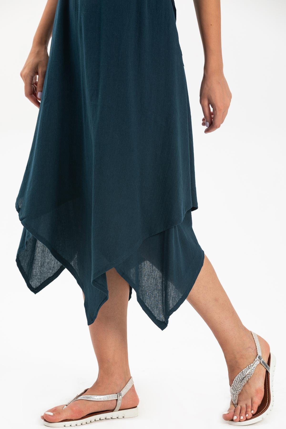 Toptan Üçgen Katlı Şile Bezi Elbise Petrol