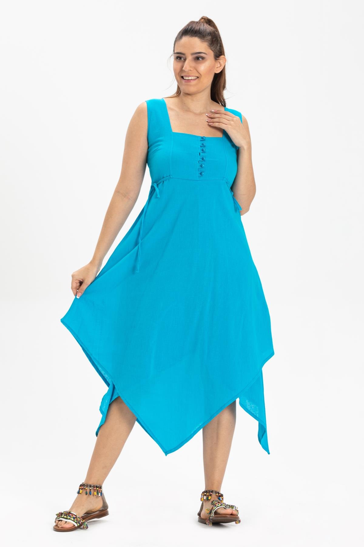 Toptan Üçgen Katlı Şile Bezi Elbise Turkuaz