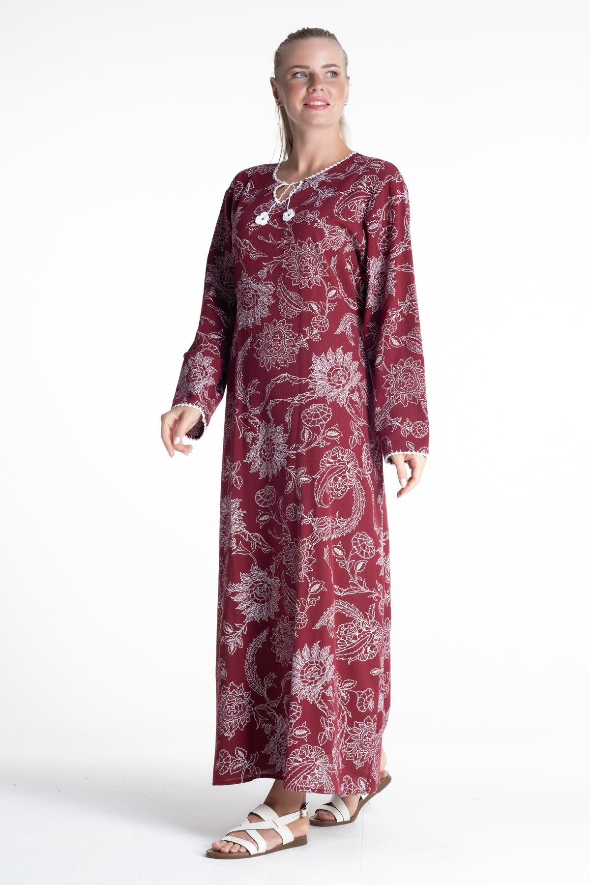 Toptan Uzun Kol Baskılı Şile Bezi Elbise Çınar Desen Bordo