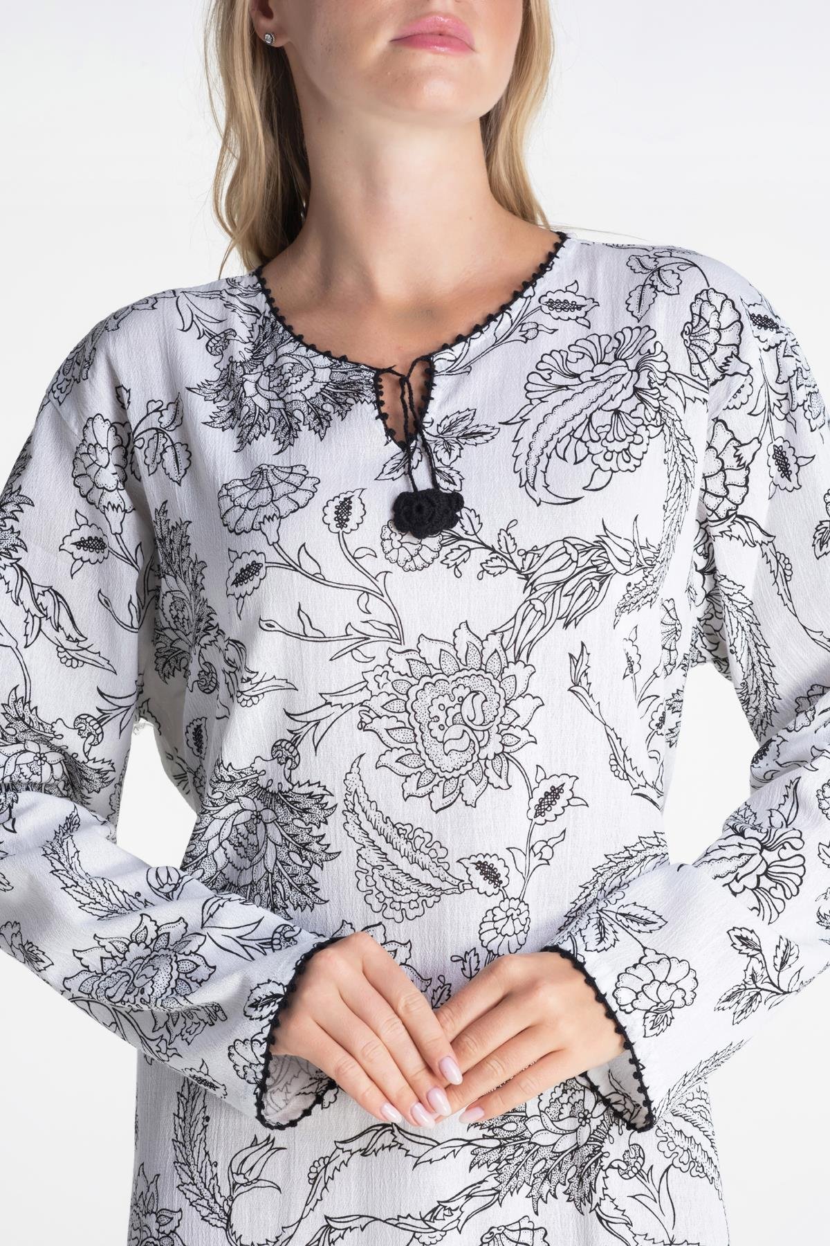 Toptan Uzun Kol Baskılı Şile Bezi Elbise Çınar Desen Beyaz