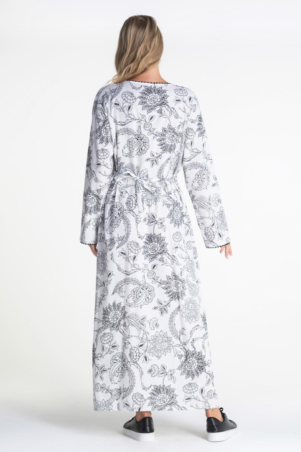 Toptan Uzun Kol Baskılı Şile Bezi Elbise Çınar Desen Beyaz