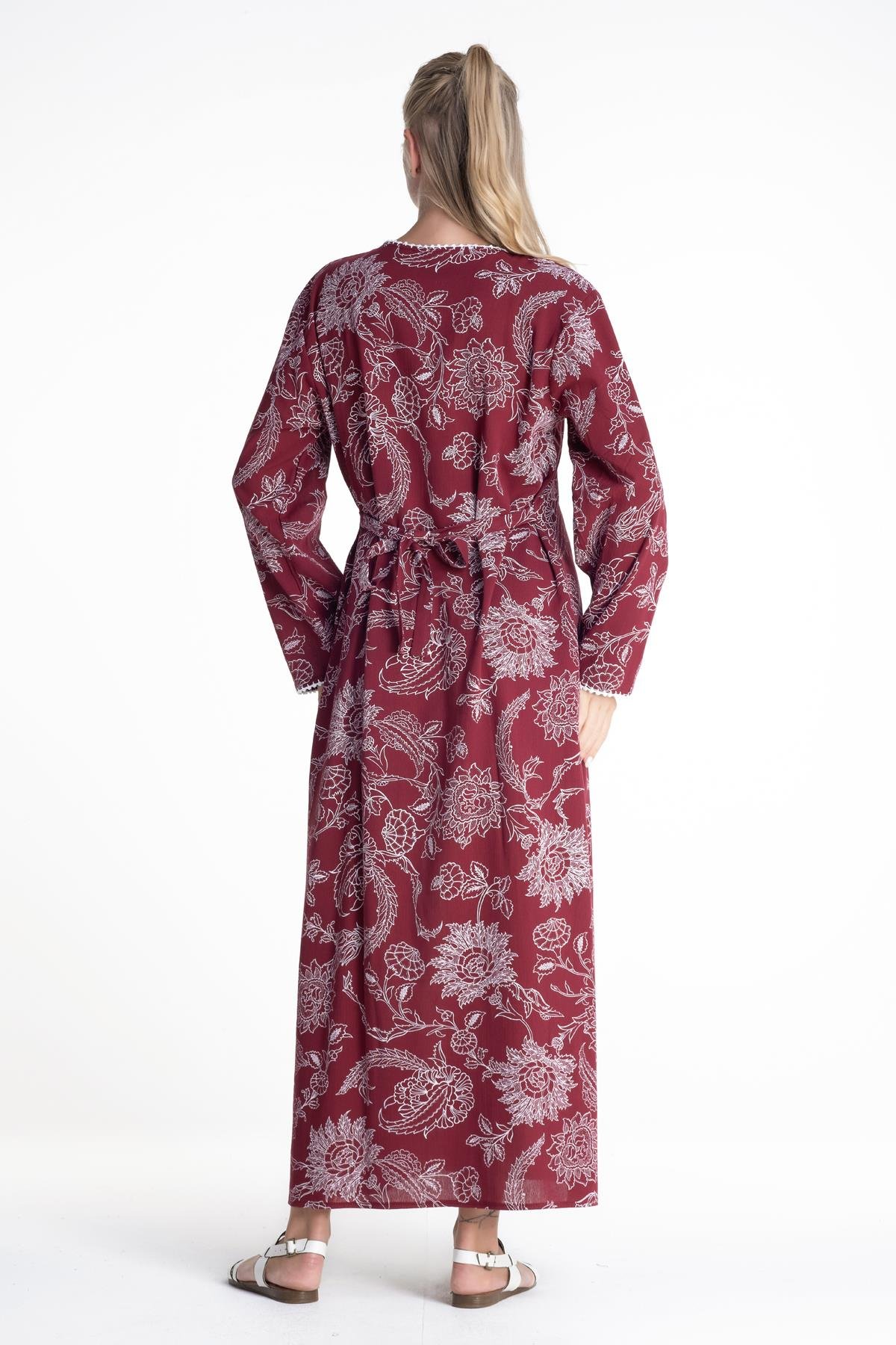 Toptan Uzun Kol Baskılı Şile Bezi Elbise Çınar Desen Bordo