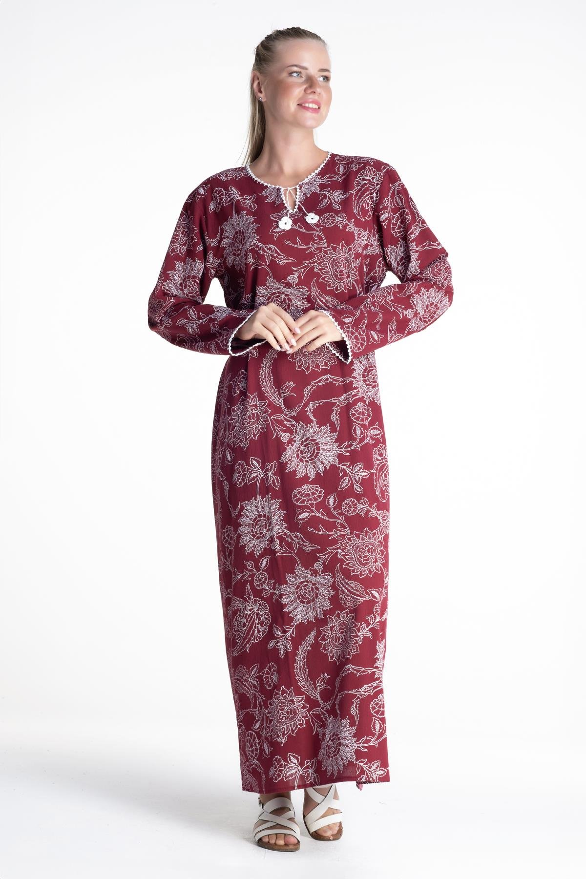 Toptan Uzun Kol Baskılı Şile Bezi Elbise Çınar Desen Bordo