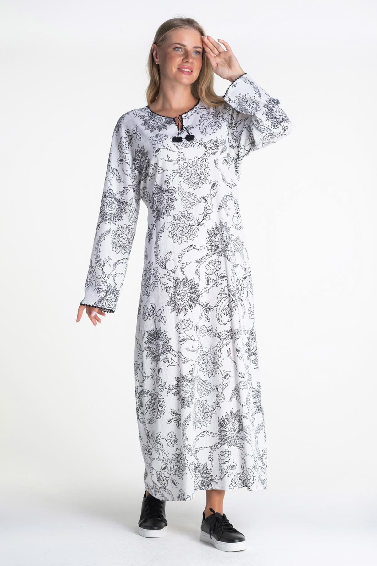 Toptan Uzun Kol Baskılı Şile Bezi Elbise Çınar Desen Beyaz