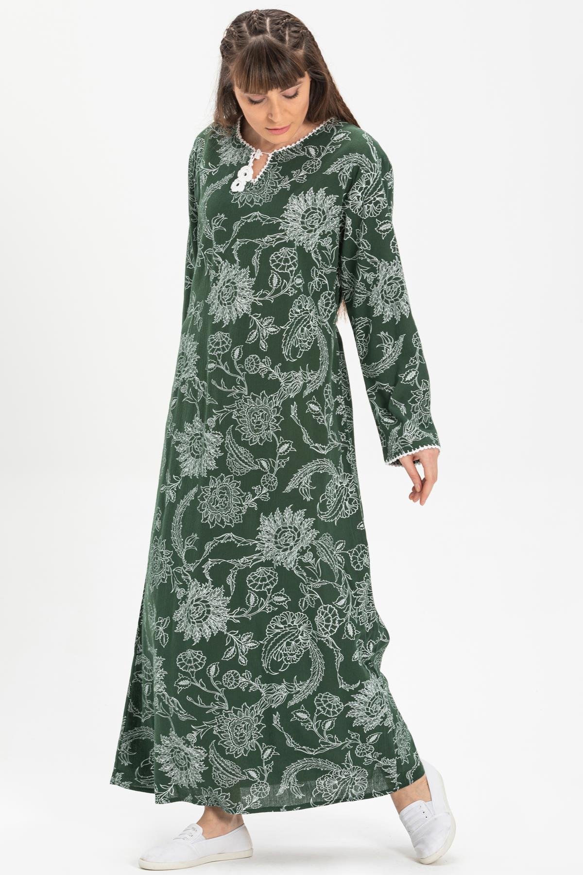 Toptan Uzun Kol Baskılı Şile Bezi Elbise Çınar Desen Yeşil