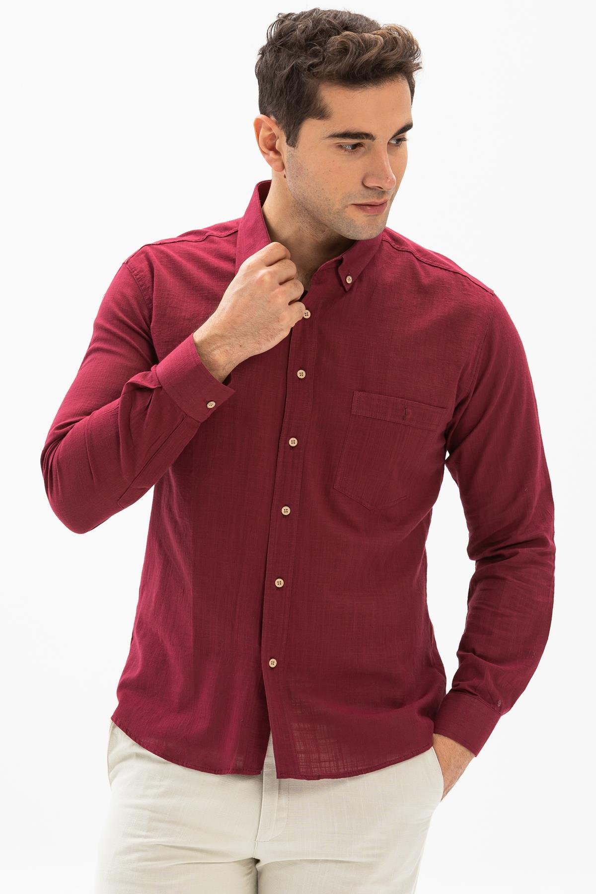 Toptan Uzun Kol Dar Kalıp Şile Bezi Erkek Gömlek Koyu Bordo