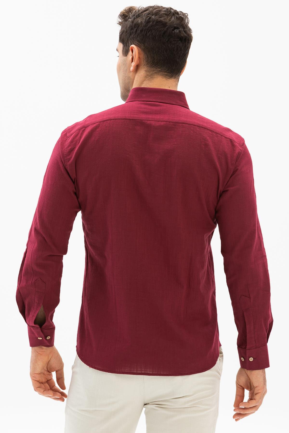 Toptan Uzun Kol Dar Kalıp Şile Bezi Erkek Gömlek Koyu Bordo