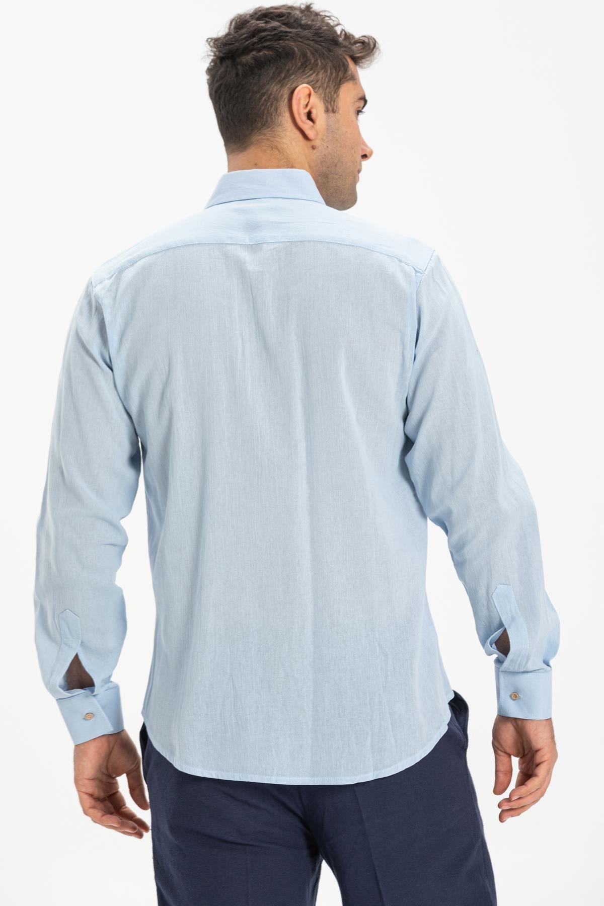 Toptan Uzun Kol Dar Kalıp Şile Bezi Erkek Gömlek Buz Mavi