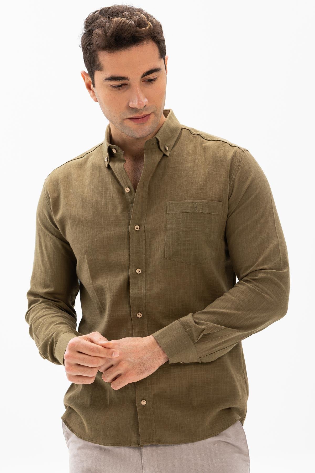 Toptan Uzun Kol Dar Kalıp Şile Bezi Erkek Gömlek Haki