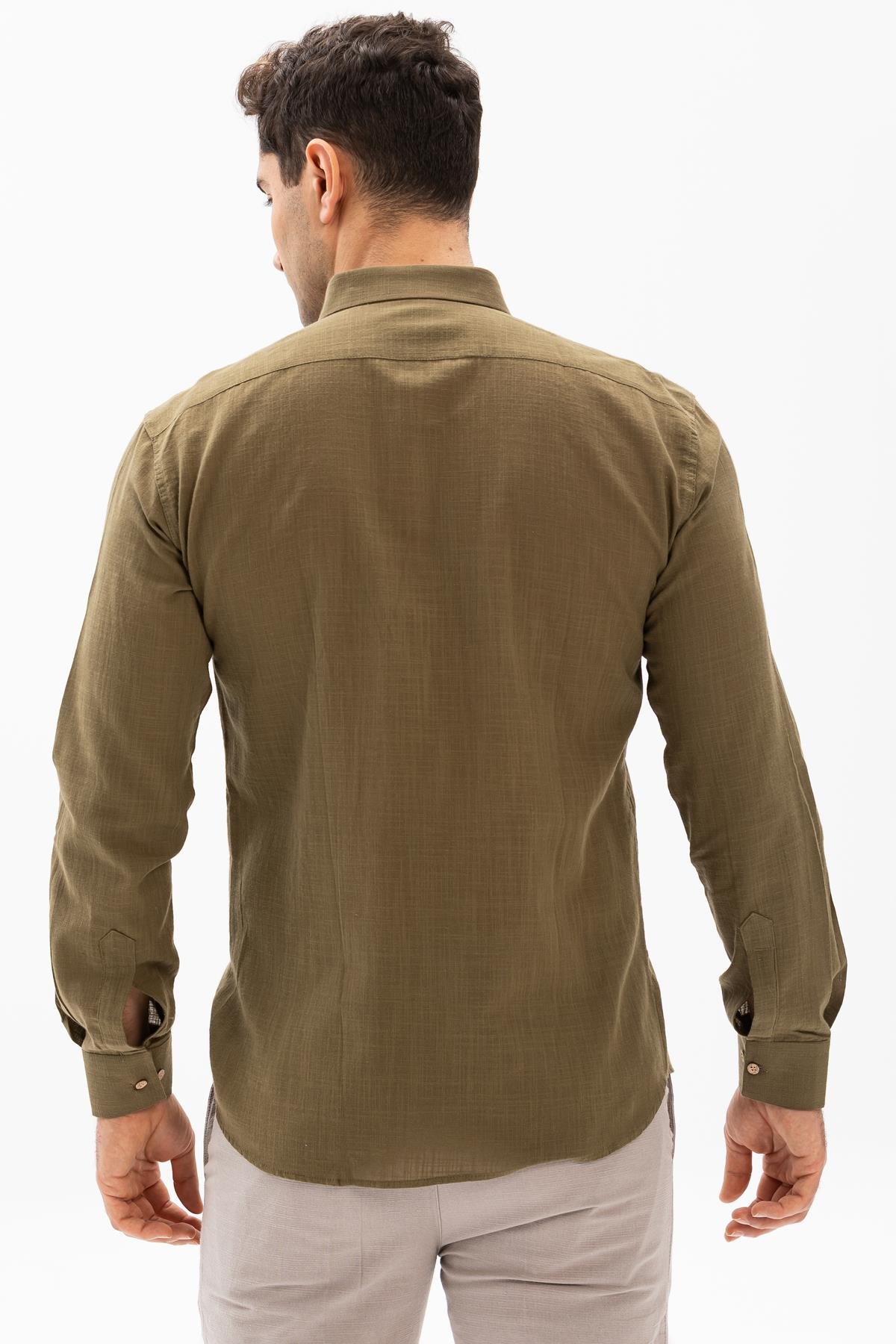 Toptan Uzun Kol Dar Kalıp Şile Bezi Erkek Gömlek Haki