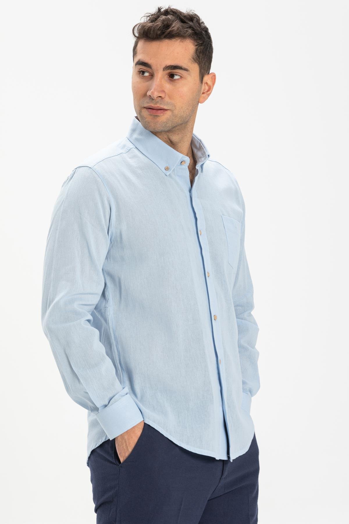 Toptan Uzun Kol Dar Kalıp Şile Bezi Erkek Gömlek Buz Mavi