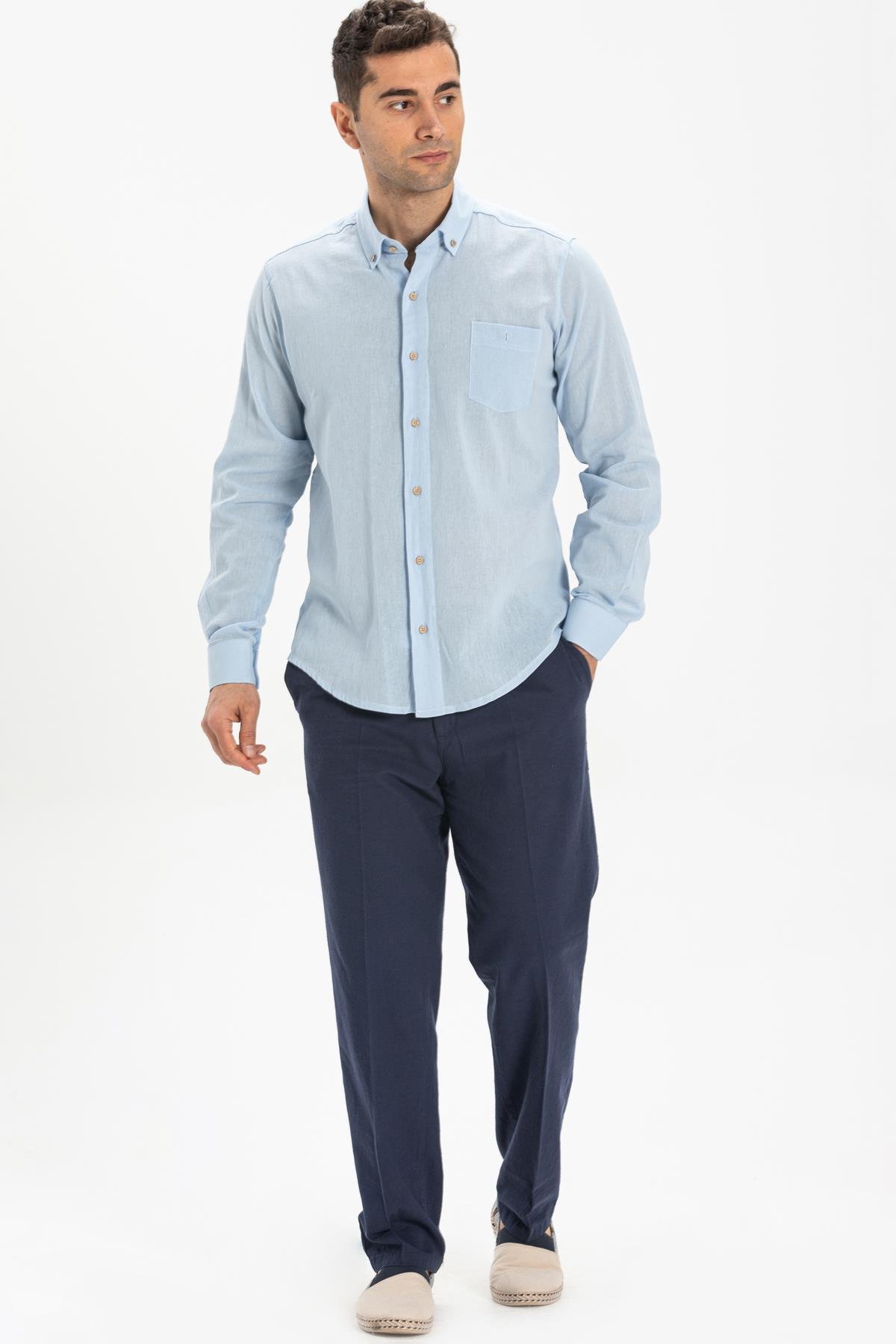 Toptan Uzun Kol Dar Kalıp Şile Bezi Erkek Gömlek Buz Mavi