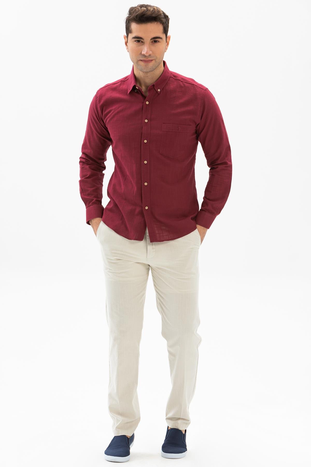 Toptan Uzun Kol Dar Kalıp Şile Bezi Erkek Gömlek Koyu Bordo