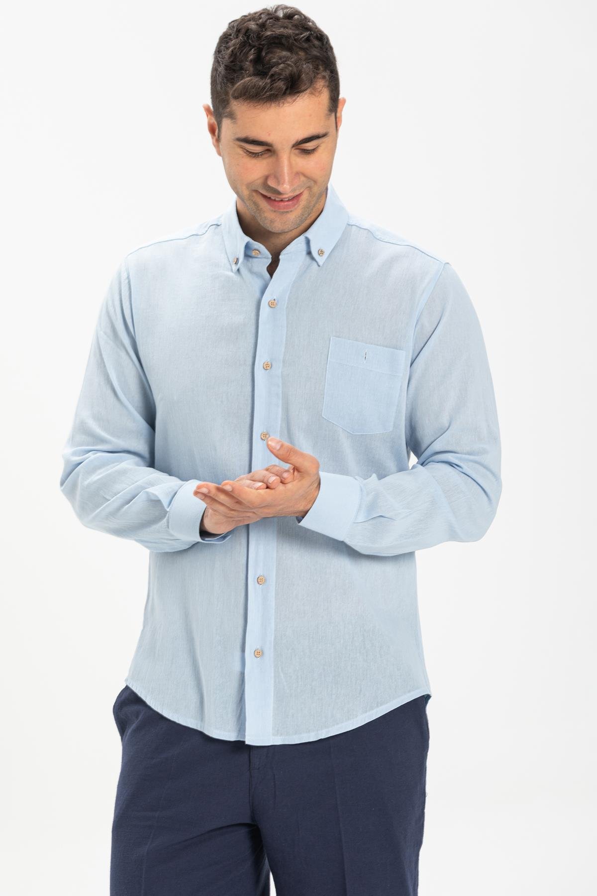 Toptan Uzun Kol Dar Kalıp Şile Bezi Erkek Gömlek Buz Mavi