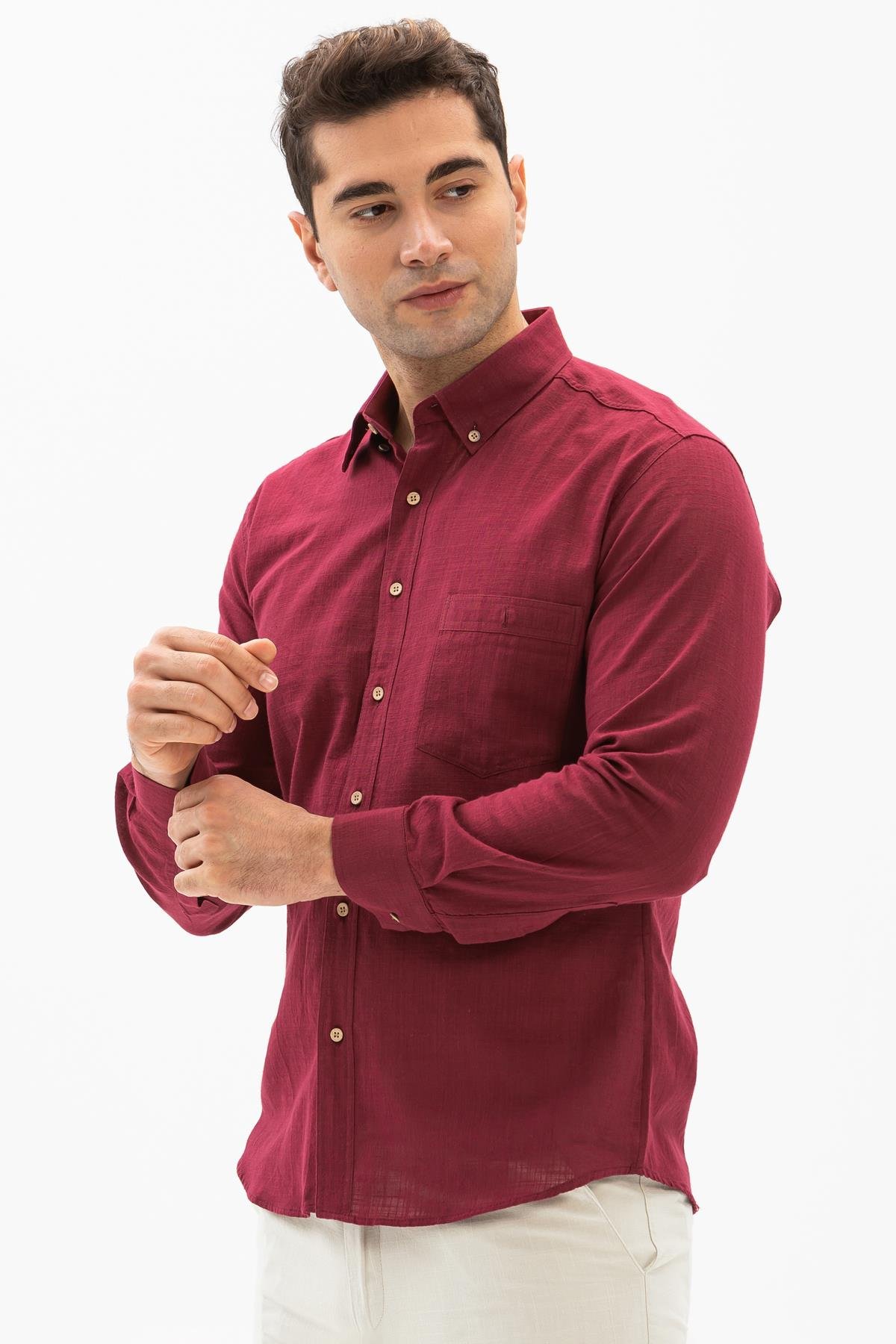 Toptan Uzun Kol Dar Kalıp Şile Bezi Erkek Gömlek Koyu Bordo