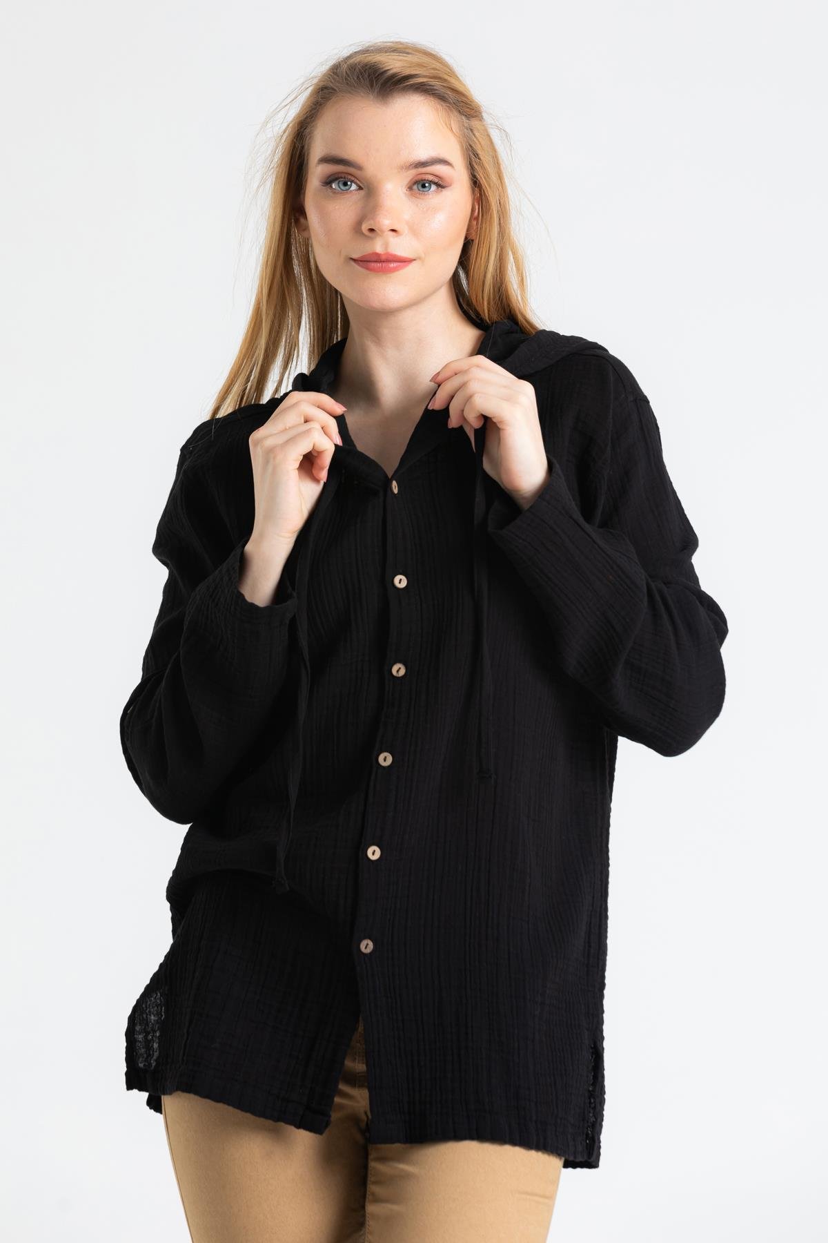 Toptan Uzun Kol Müslin Kapüşonlu Sweatshirt Siyah