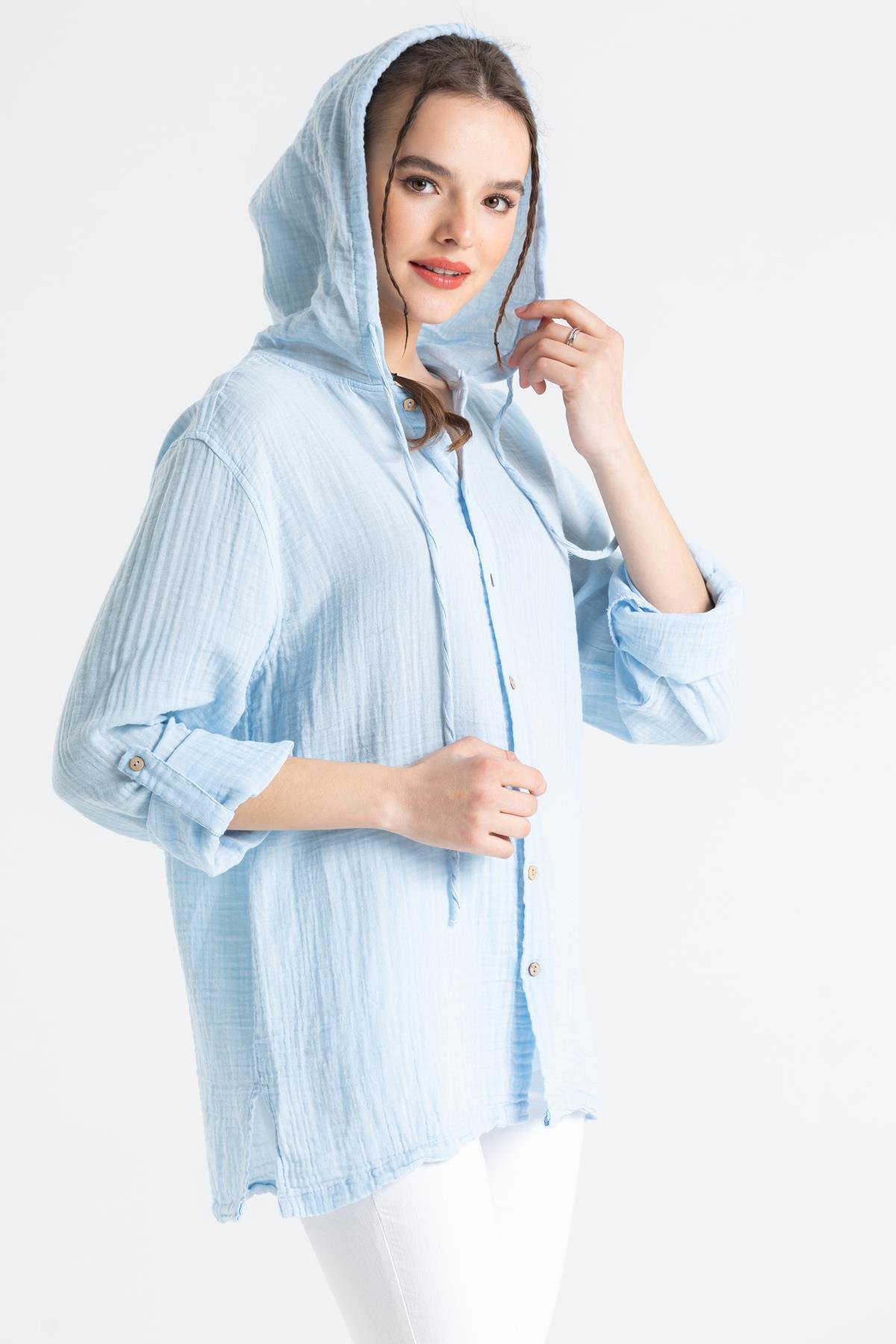 Toptan Uzun Kol Müslin Kapüşonlu Sweatshirt Buz Mavi