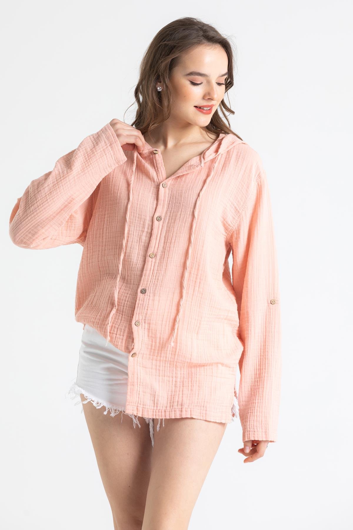 Toptan Uzun Kol Müslin Kapüşonlu Sweatshirt Pudra