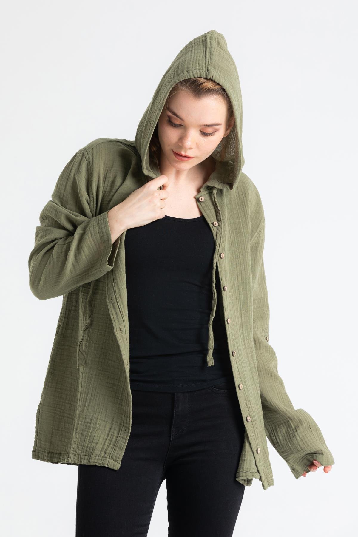 Toptan Uzun Kol Müslin Kapüşonlu Sweatshirt Haki