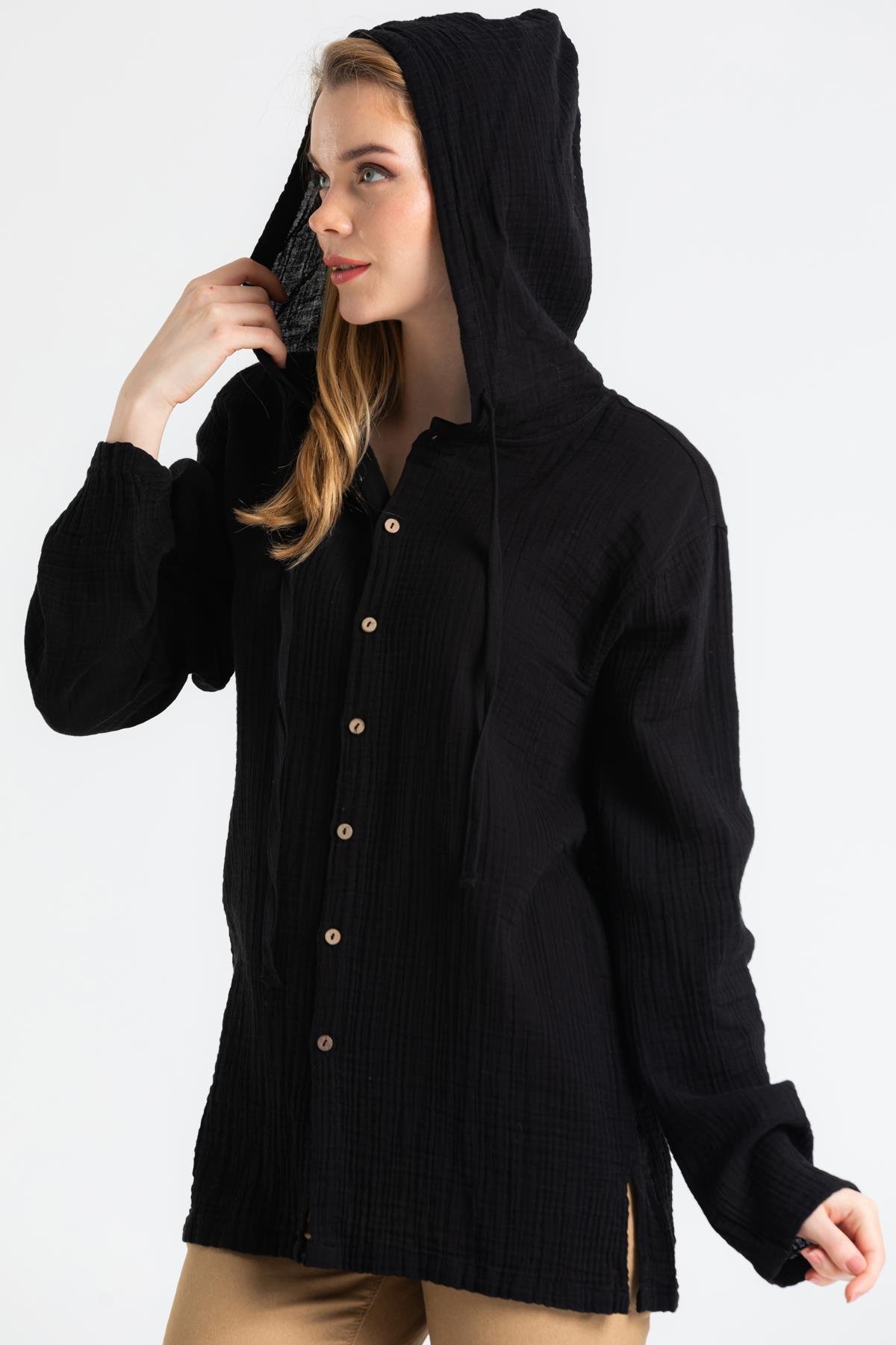 Toptan Uzun Kol Müslin Kapüşonlu Sweatshirt Siyah