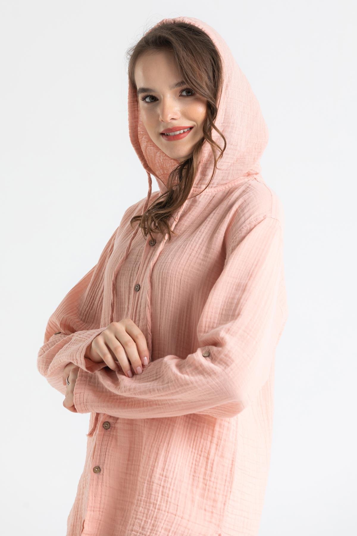 Toptan Uzun Kol Müslin Kapüşonlu Sweatshirt Pudra