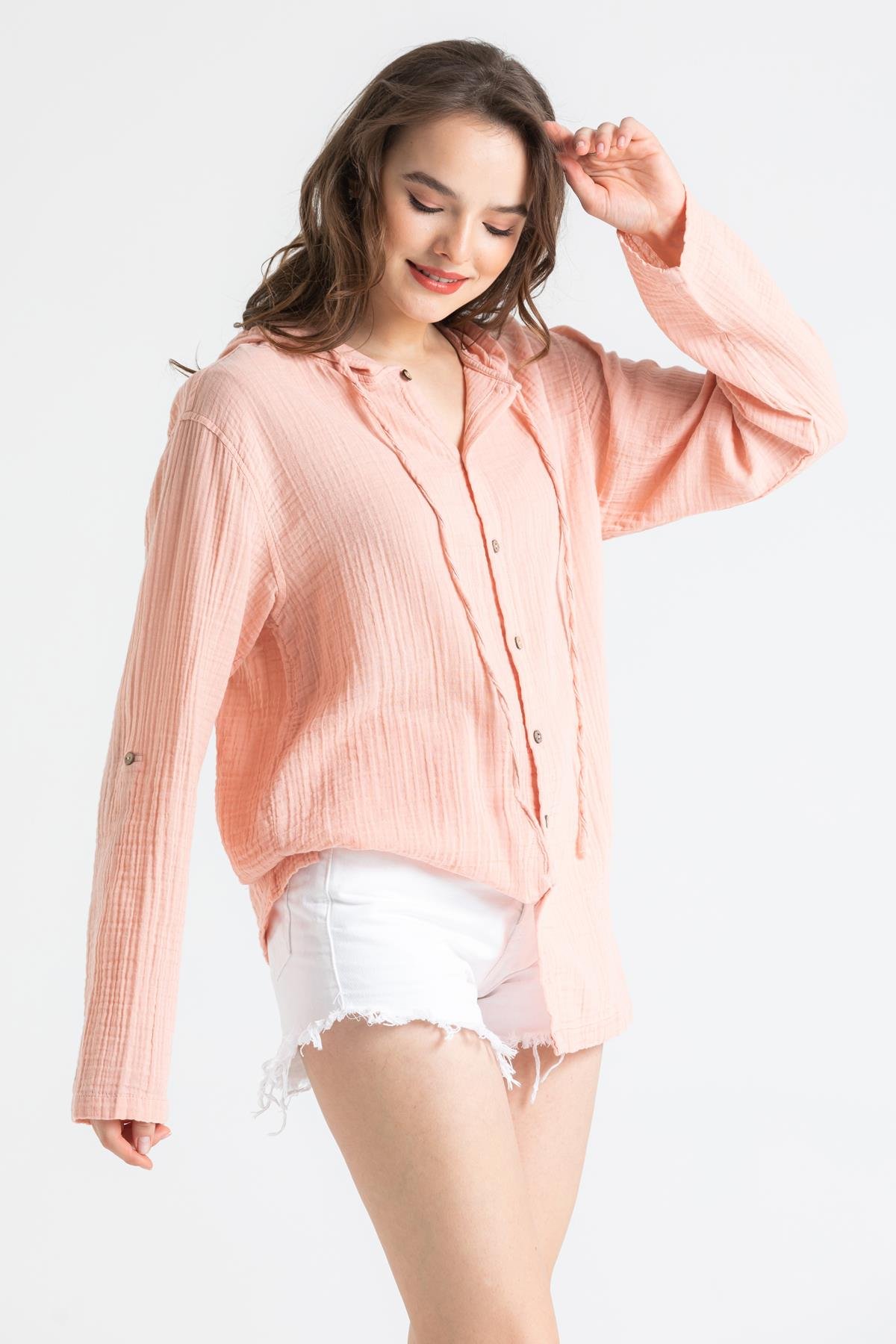 Toptan Uzun Kol Müslin Kapüşonlu Sweatshirt Pudra