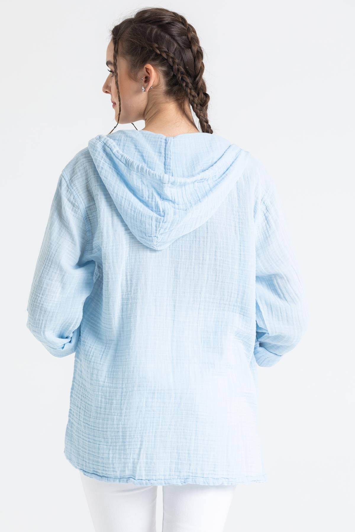 Toptan Uzun Kol Müslin Kapüşonlu Sweatshirt Buz Mavi