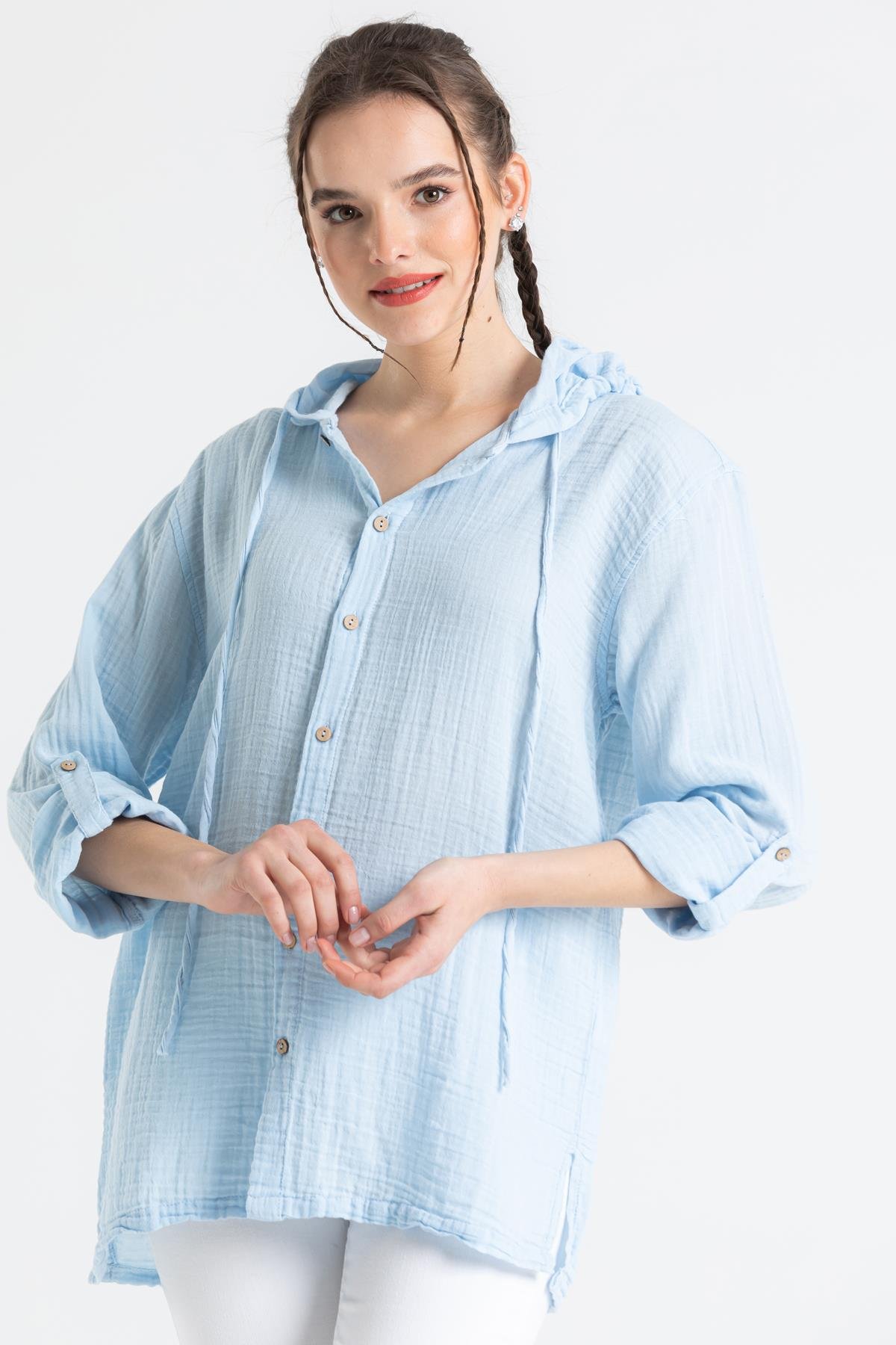 Toptan Uzun Kol Müslin Kapüşonlu Sweatshirt Buz Mavi
