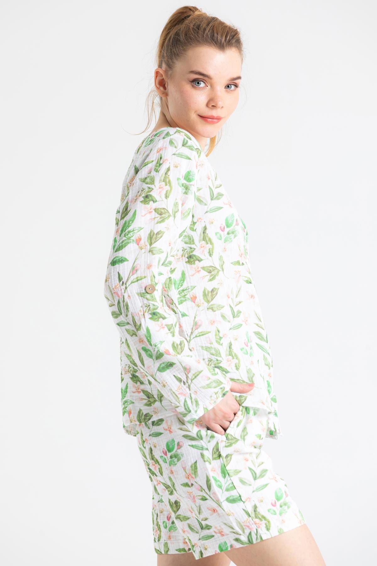 Toptan Uzun Kol Müslin Sedef Baskılı Gömlek Yaprak Desen