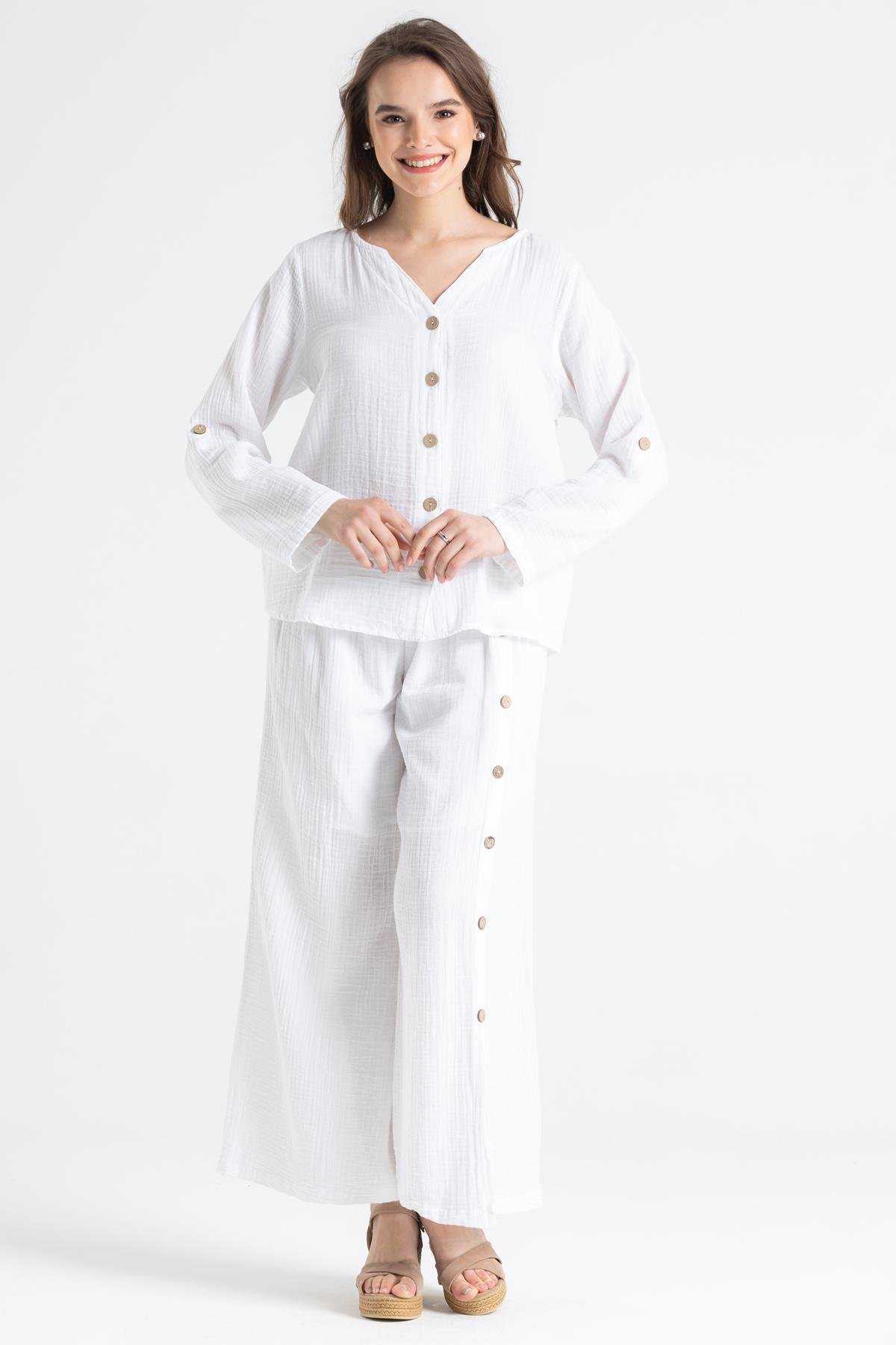 Toptan Uzun Kol Müslin Sedef Gömlek Beyaz