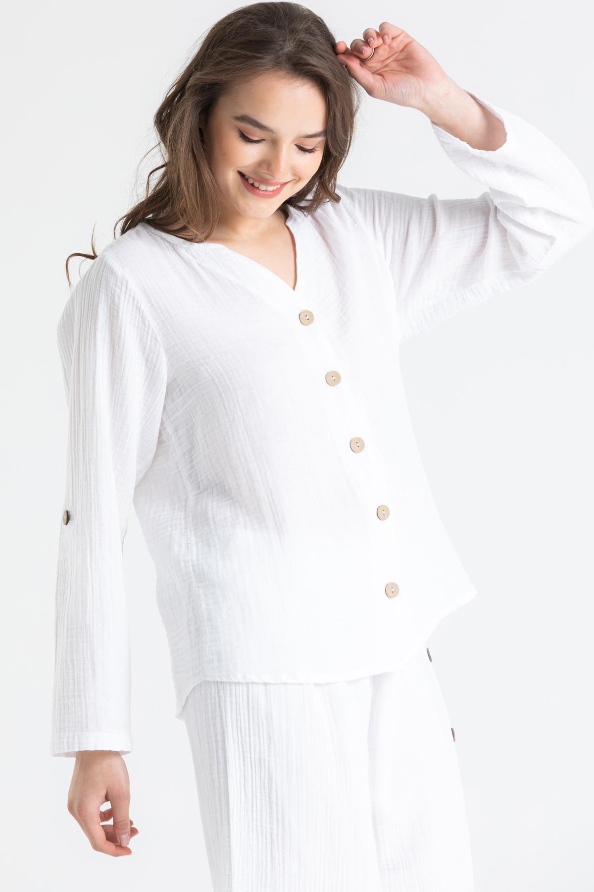Toptan Uzun Kol Müslin Sedef Gömlek Beyaz