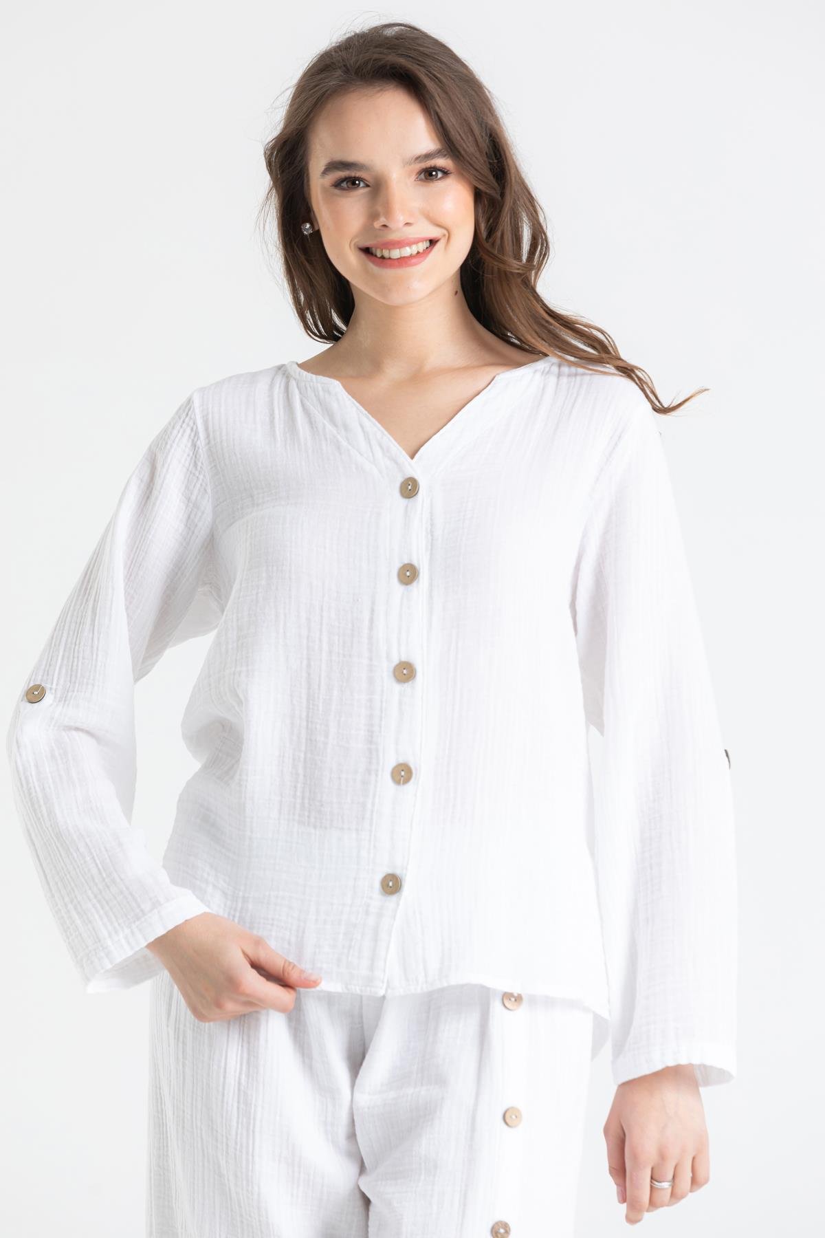 Toptan Uzun Kol Müslin Sedef Gömlek Beyaz