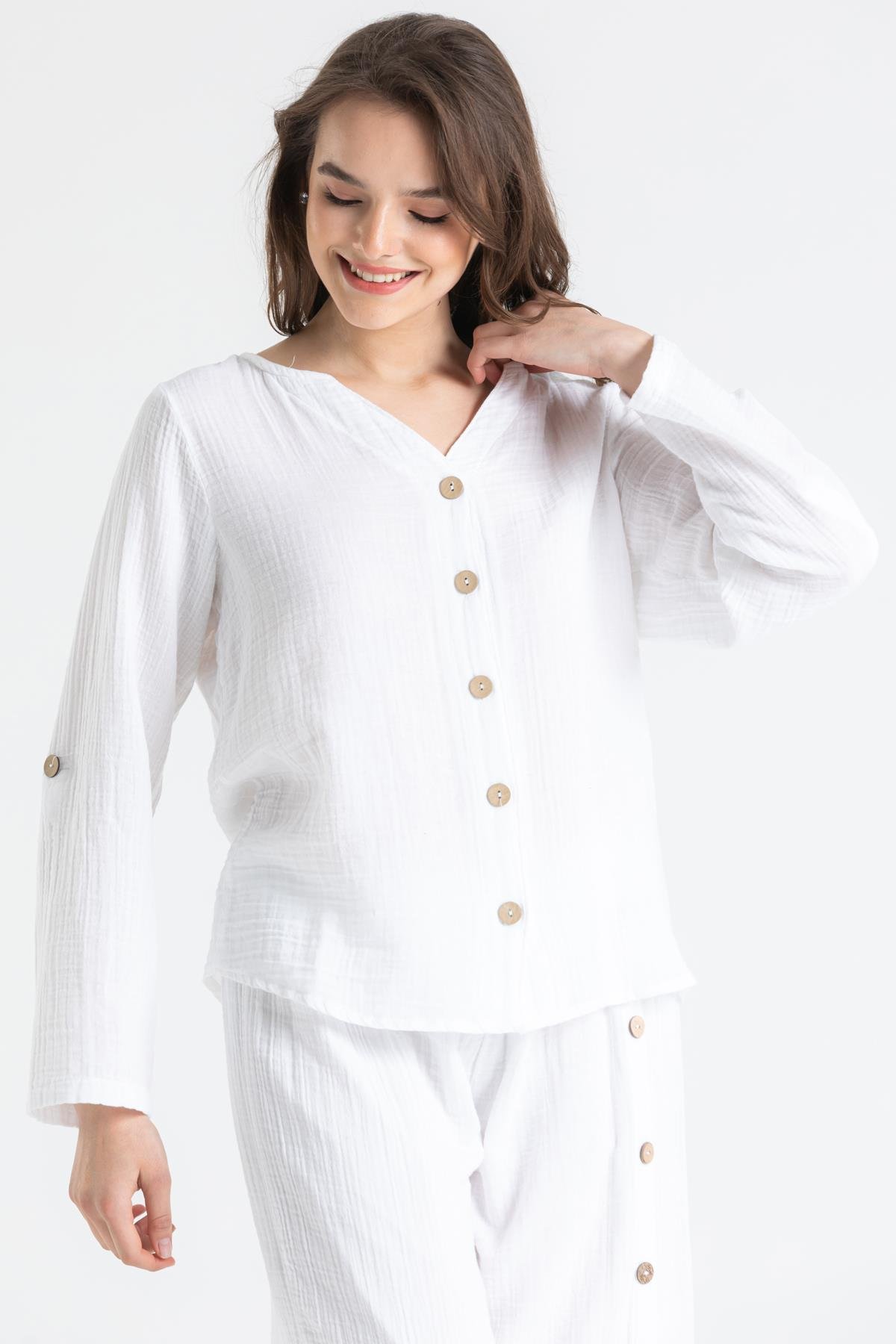Toptan Uzun Kol Müslin Sedef Gömlek Beyaz
