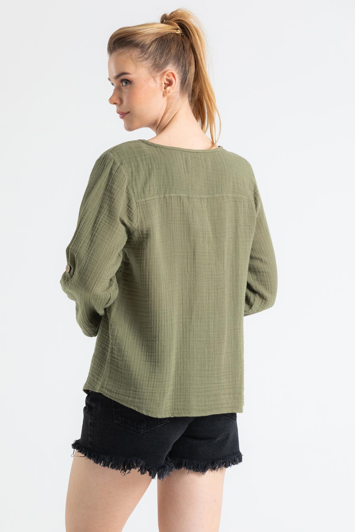 Toptan Uzun Kol Müslin Sedef Gömlek Haki 