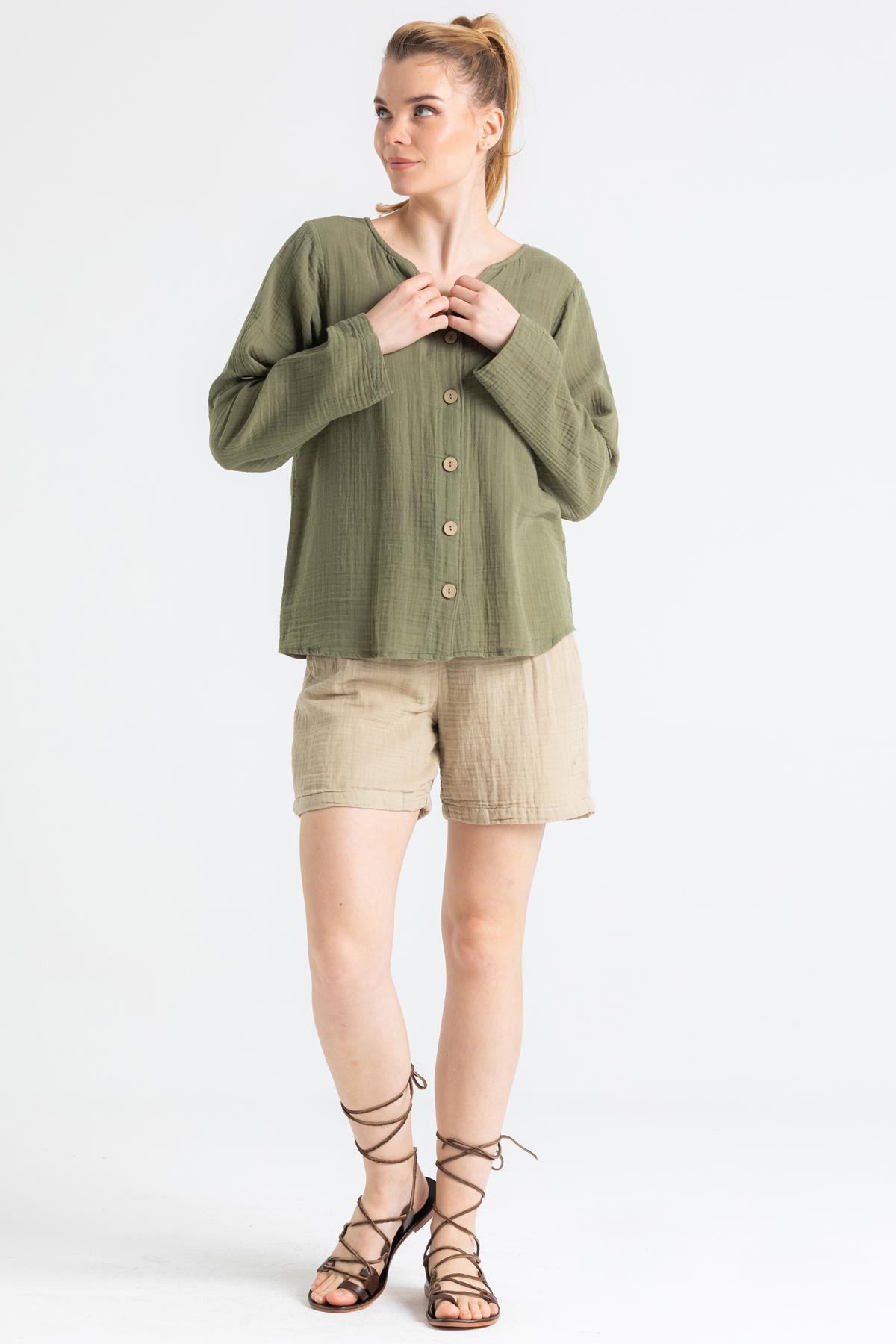 Toptan Uzun Kol Müslin Sedef Gömlek Haki 