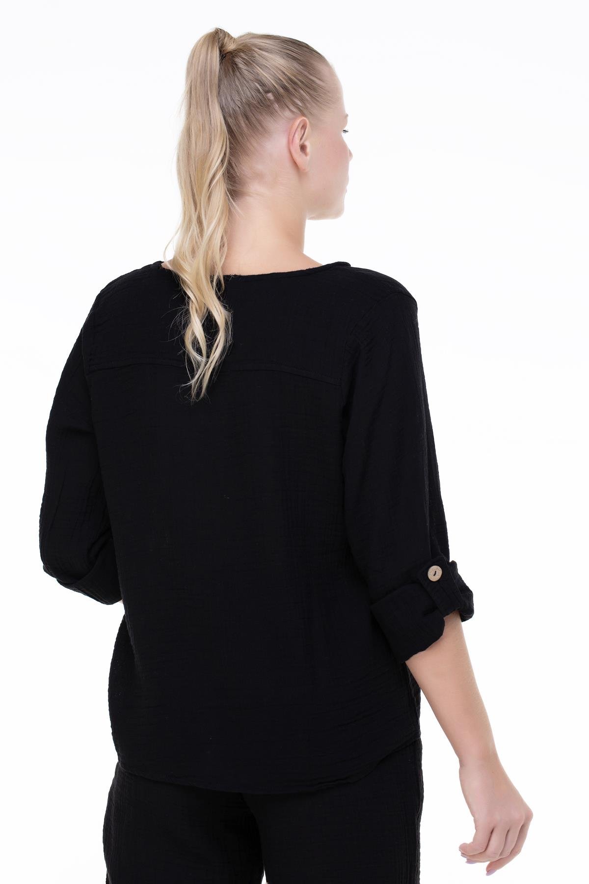 Toptan Uzun Kol Müslin Sedef Gömlek Siyah