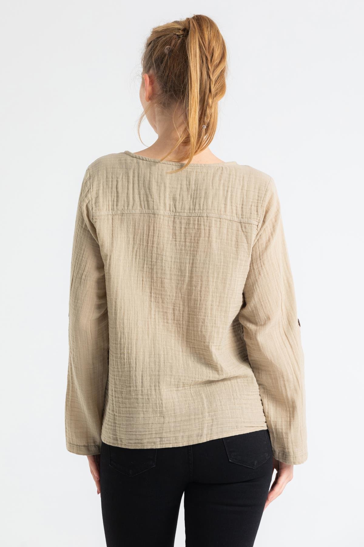 Toptan Uzun Kol Müslin Sedef Gömlek Vizon